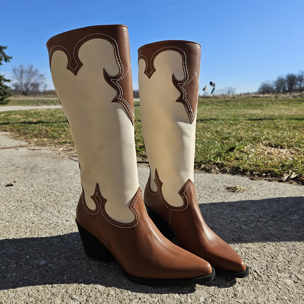 Zodiac Dawson Western Tall Boots - Brown/Cream Leather - Size 5.5M- NEW - Picture 2 of 16